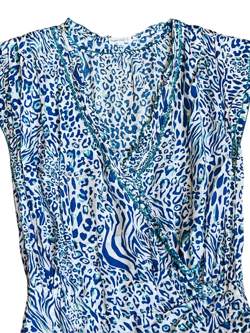 Poupette St Barth Women’s Sz M Animal Print Mini Dress Estel Blue White Ruffle - Picture 5 of 16